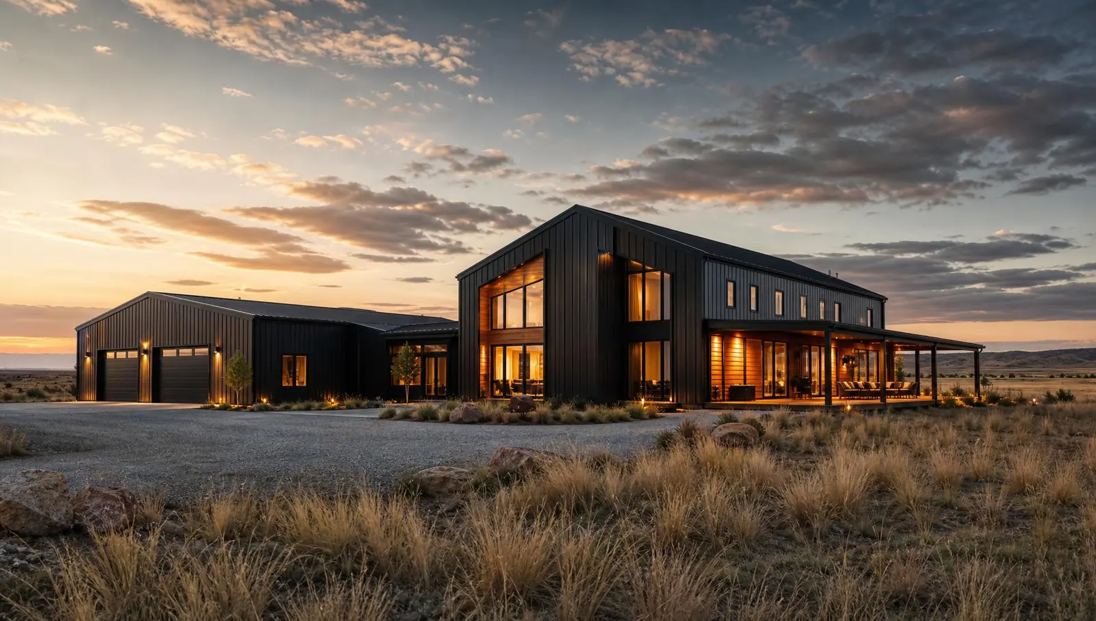 Modern black steel barndominium with warm wood accents on Oklahoma prairie at dusk