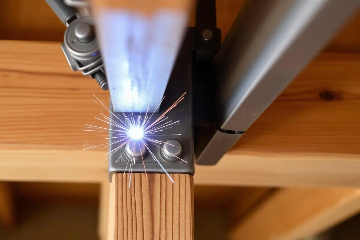 Close-up of welded steel connection joining a heavy timber beam