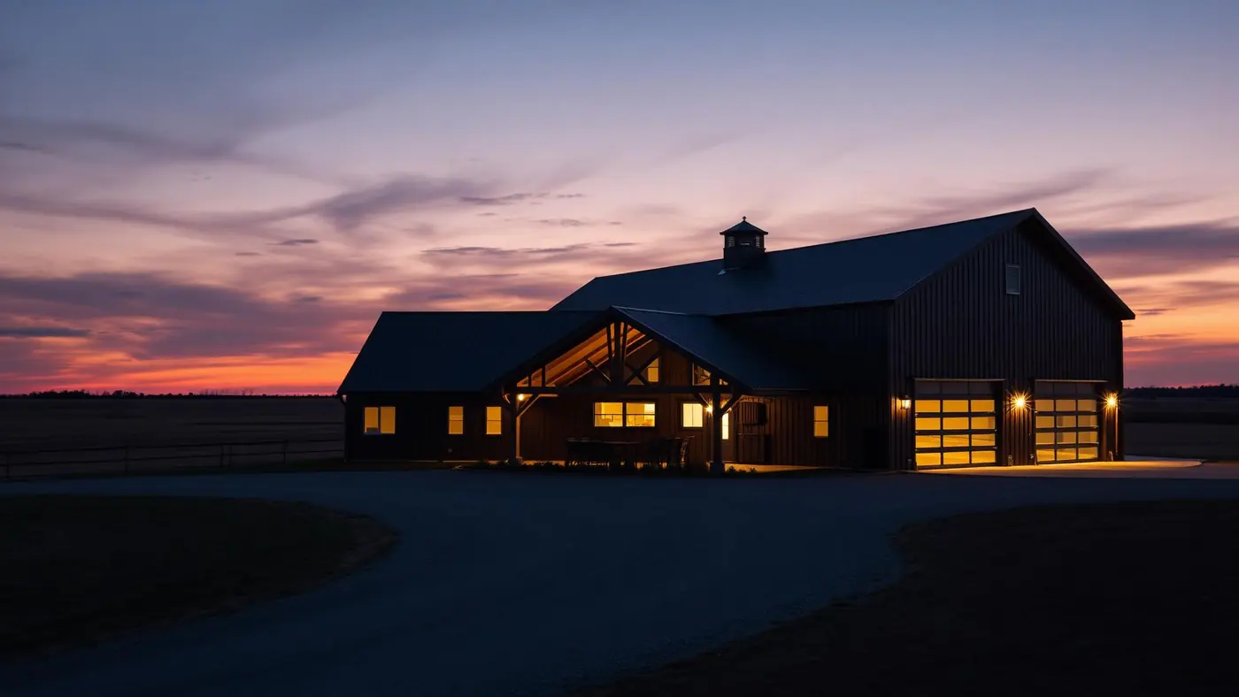 Finished barndominium with outdoor living space at dusk